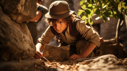 Young boy exploring an ancient archaeological site with a team of archaeologists. He discovers artifacts, assists in excavations, and delves into the mysteries of the past - obrazy, fototapety, plakaty