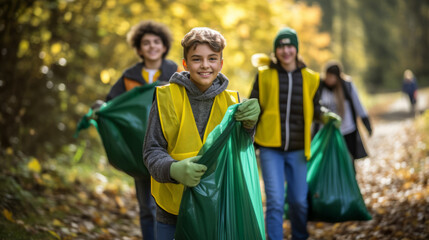 Young boy leading a group of friends in a community clean-up initiative. Armed with recyclable bags and gloves, they work together to clean local parks and streets, environmental responsibility