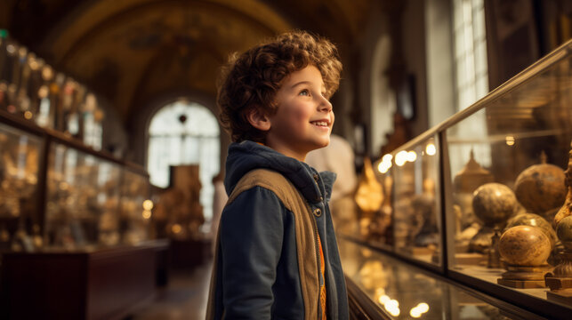 Young boy exploring a historical museum, captivated by artifacts and exhibits that transport him back in time, sparking his interest in history