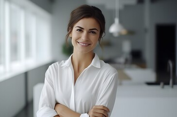 Professional Woman Poses in Minimalistic Office, Beaming