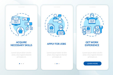 2D icons representing AI engineer mobile app screen set. Walkthrough 3 steps blue graphic instructions with thin line icons concept, UI, UX, GUI template.