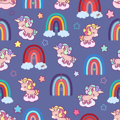 Little horses, unicorns, seamless pattern, vector illustration of cute cartoon unicorn, rainbow, star. Used for girlish surface design, fabric printing, card printing, fashion children's clothing, chi