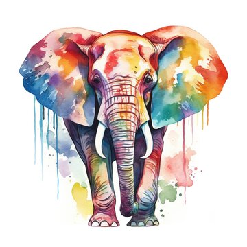 Colorful image of elephant, watercolor illustration isolated on white background