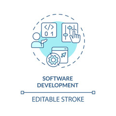 2D editable blue software development icon, simple isolated vector, AI engineer thin line monochromatic illustration