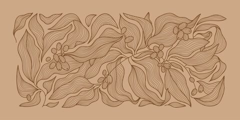Vector coffee pattern background, line wavy illustration with beans. Floral, leaves print, package, banner. Art deco vintage style.