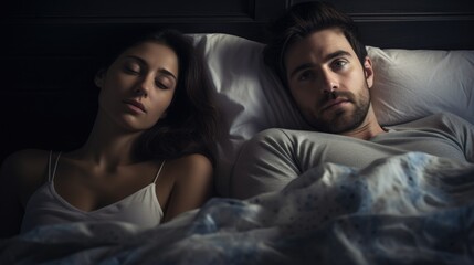 A man and a woman are sleeping in bed. The man is awake and thinking about something. Family relations concept.