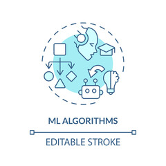 2D editable blue ML algorithms icon, simple isolated vector, AI engineer thin line monochromatic illustration