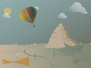 Fototapeta na wymiar Hot air balloon in the sky, desert flying, sand mountains vintage atmosphere, sunset.