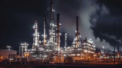 oil refinery pipe panorama, gloomy atmosphere, environmental pollution, ecology, carbon footprint