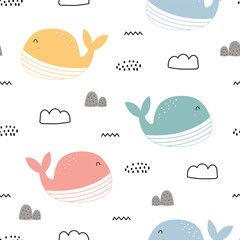 Whale seamless pattern sea animal background for kids. Hand drawn design in cartoon style. Use for textiles, prints, wallpapers, vector illustrations.