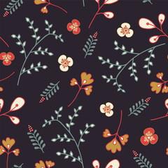 Black seamless pattern with leaves, flowers and floral elements. Autumn pattern design. Good for printing. Vector textile and wallpaper.