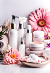 Fototapeta na wymiar Luxury refreshing cosmetics set and flowers for personal hygiene on the table.