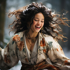 Caucasian woman, Black hair, Dreadlocks style, Antique Ivory Robe, snowy forest, Elegant, Dancing, Laughing 