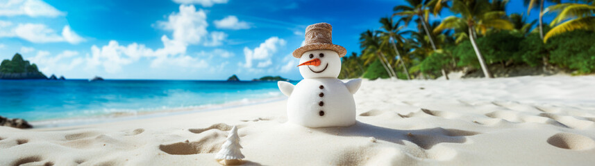 A snowman on a tropical beach with blue waters and palm trees having a Christmas vacation.