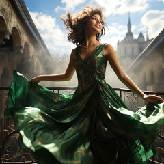 Caucasian woman, Black hair, Pixie Cut style, Emerald Green Sundress, balcony, Fantasy, Dancing, Smiling 