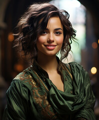 Caucasian woman, Black hair, Pixie Cut style, Olive Green Robe, cathedral, Fantasy, Leaning, Smiling 