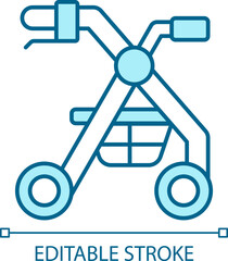 2D pixel perfect editable blue rollator icon, isolated monochromatic vector, thin line illustration representing medical care equipment.