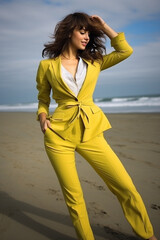 Caucasian woman, Brunette hair, Bangs style, Lemon Yellow Pantsuit, beach, Classy, Dancing, Smiling 