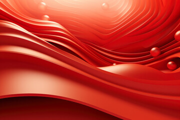 Abstract red background with curved lines and spheres.