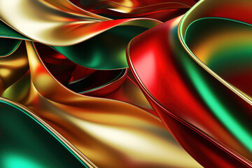 Abstract wavy dimensional Christmas background in red, green and gold colors.
