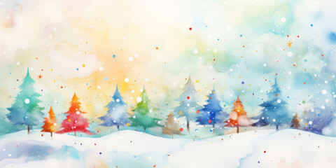 Watercolor Christmas illustration. Christmas trees against multicolored paint splashes creating cozy winter landscapes.