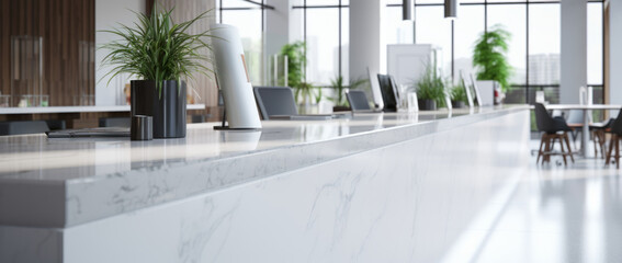 Reception desk and view on hallway in modern office. Scene with white marble counter.