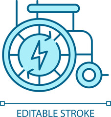 2D pixel perfect editable blue automatic wheelchair icon, isolated monochromatic vector, thin line illustration representing medical care equipment.