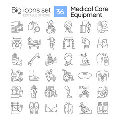 2D pixel perfect black icons pack representing medical equipment, editable thin line illustration.