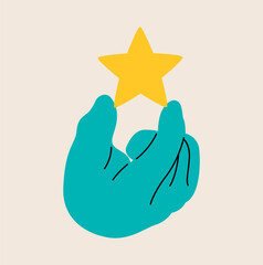 Human hand holding a star icon. Star rating concept. Colorful vector illustration