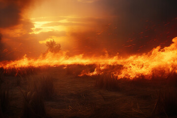 Atmospheric illustration of a fire in a field with crops. The fire has engulfed the grass. Orange flames burning out agricultural fields.