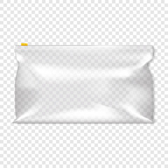 Clear plastic zip slider bag realistic vector mock-up. Transparent glossy zipper PVC vinyl pouch package mockup - 656352137