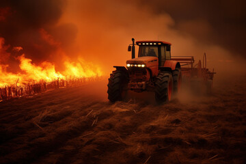 Fire in an agricultural field and tractor. Wildfire in a dry agricultural pasture with flames scorching fields and agricultural machinery.