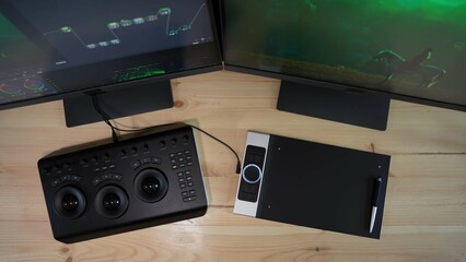 Top view of the desk with monitors showing process of creating, editing equipment for video and...
