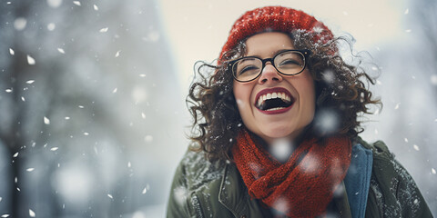 Happy laughing senior woman grandma grandmother with glasses red hat and scarf and falling snow flakes on blue background. Modern old lady with smile celebrating Winter Christmas. Generative AI.	 - obrazy, fototapety, plakaty