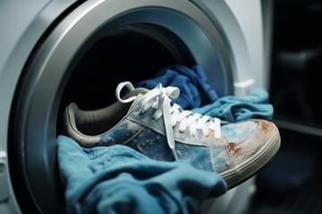 Sneakers dirty socks wash machine. Laundry day. Generate Ai
