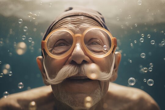 Senior man snorkeling bubbles. Male mask fun. Generate Ai