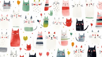 Cat background, pattern with Christmas trees - obrazy, fototapety, plakaty
