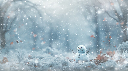 art background, autumn snowman postcard, illustration white snow background in november, cold autumn winter view december calendar - obrazy, fototapety, plakaty