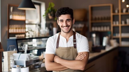 Barista's Welcoming Smile: Candid Photo in a Coffee Shop