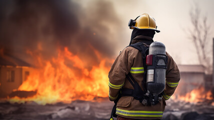 one firefighter, a man on fire, a view from the back, against the background of a burning fire in a fire, fiction, computer graphics