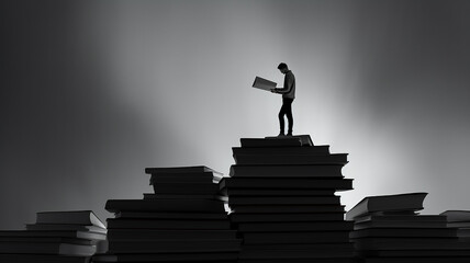 student on a mountain of textbooks, silhouette preparation for exams and tests, education concept. abstract computer illustration
