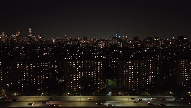 Aerial shot of New York City's FDR Drive at night in New York City