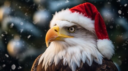 A close-up of an eagle with a Santa hat on its head.  Blurred background.