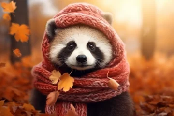 Schilderijen op glas red panda wearing a scarf in autumn © ayuni