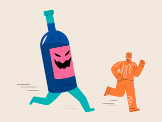 Man running away from giant wine or liquor, avoiding alcohol concept. Colorful vector illustration