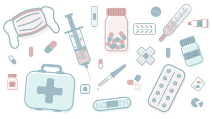Vector cartoon set of medical elements, including pills, plasters, capsules, a syringe, a thermometer, bottles, a kit and a face mask