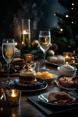 Festively set table with glasses, champagne and snacks. Christmas tree with bokeh on background