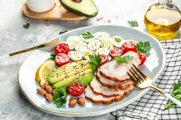 Healthy eating food avocado, eggs, chicken fillet and cherry tomatoes. Keto food concept. Restaurant menu, dieting, cookbook recipe top view
