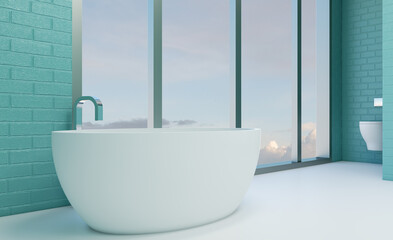 Spacious bathroom in gray tones with heated floors, freestanding tub. 3D rendering.