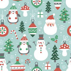 Seamless vector pattern with vintage Christmas ornaments, penguins, Santa Claus, snowflakes and snowy pine trees. Hand drawn  Christmas wallpaper design. Perfect for textile, wallpaper or nursery prin